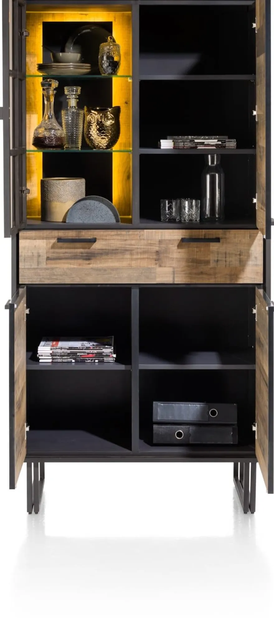 Avalon, bergkast 96 cm - 3-deuren + 1-lade + 1-glasdeur (+ LED) - Driftwood