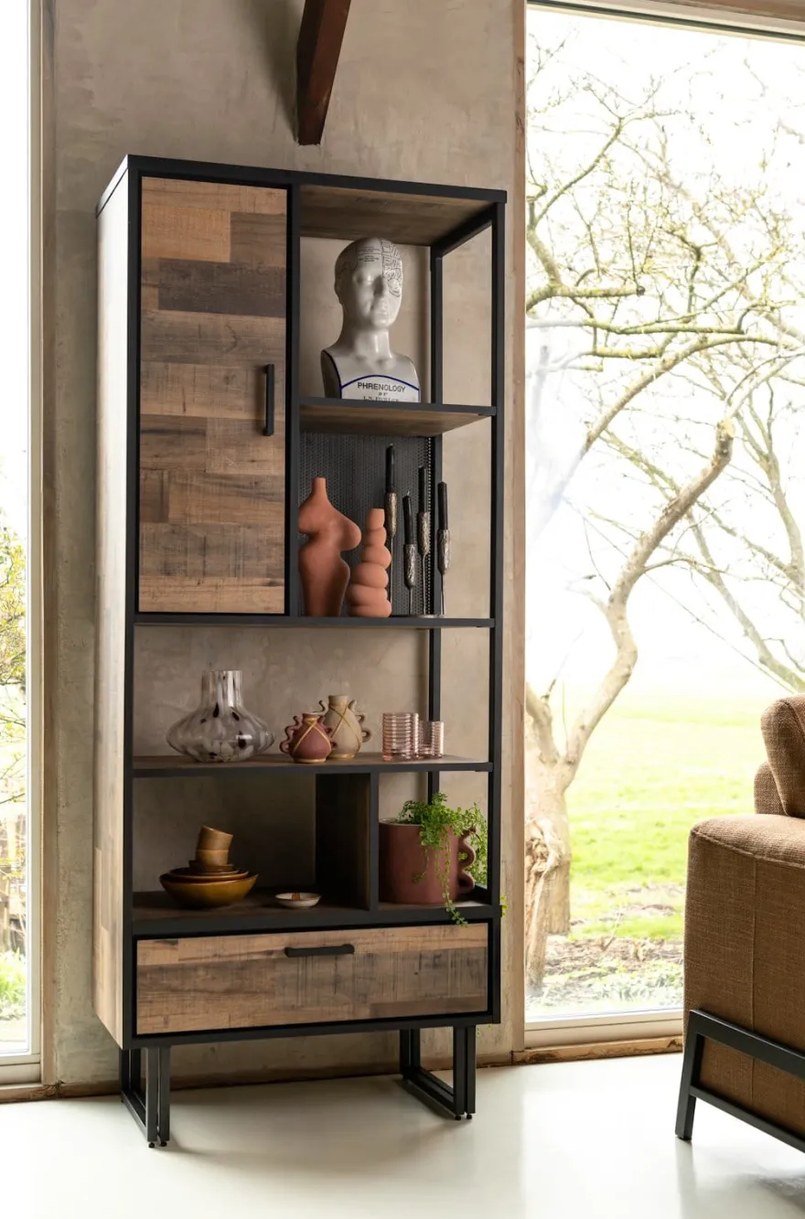 Avalon, boekenkast 80 cm - 1-deur + 1-lade + 5-niches - Driftwood