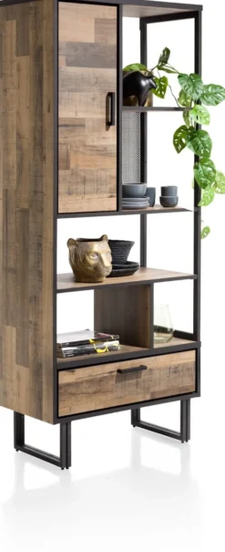 Avalon, boekenkast 80 cm - 1-deur + 1-lade + 5-niches - Driftwood