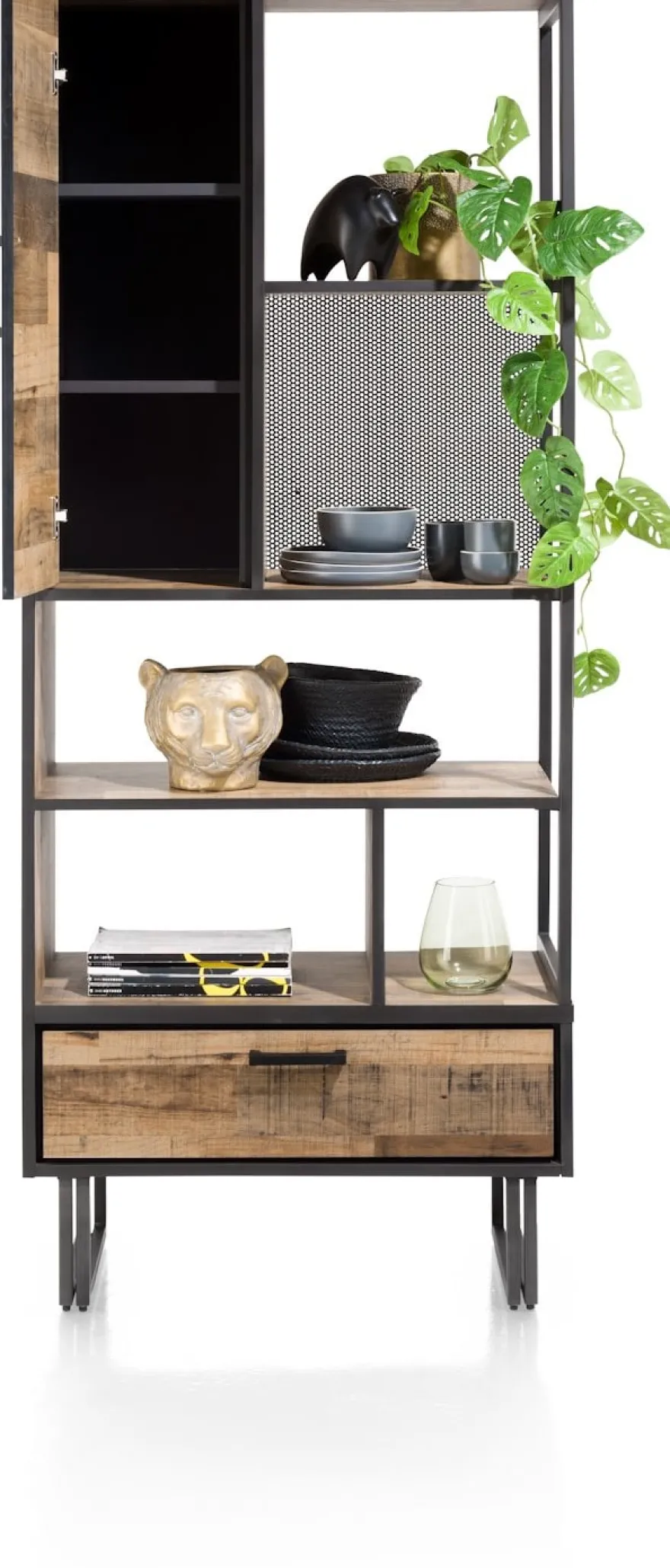 Avalon, boekenkast 80 cm - 1-deur + 1-lade + 5-niches - Driftwood