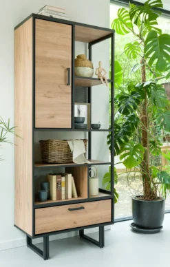 Avalon, boekenkast 80 cm - 1-deur + 1-lade + 5-niches - Driftwood