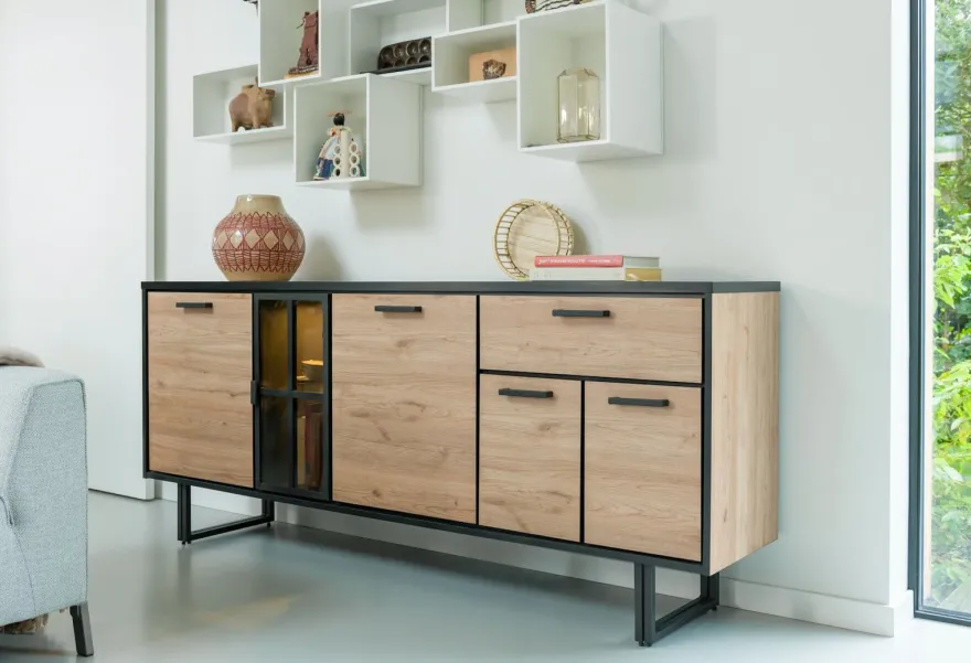 Avalon, dressoir 200 cm - 4-deuren + 1-lade + 1-glasdeur (+ LED) - Driftwood