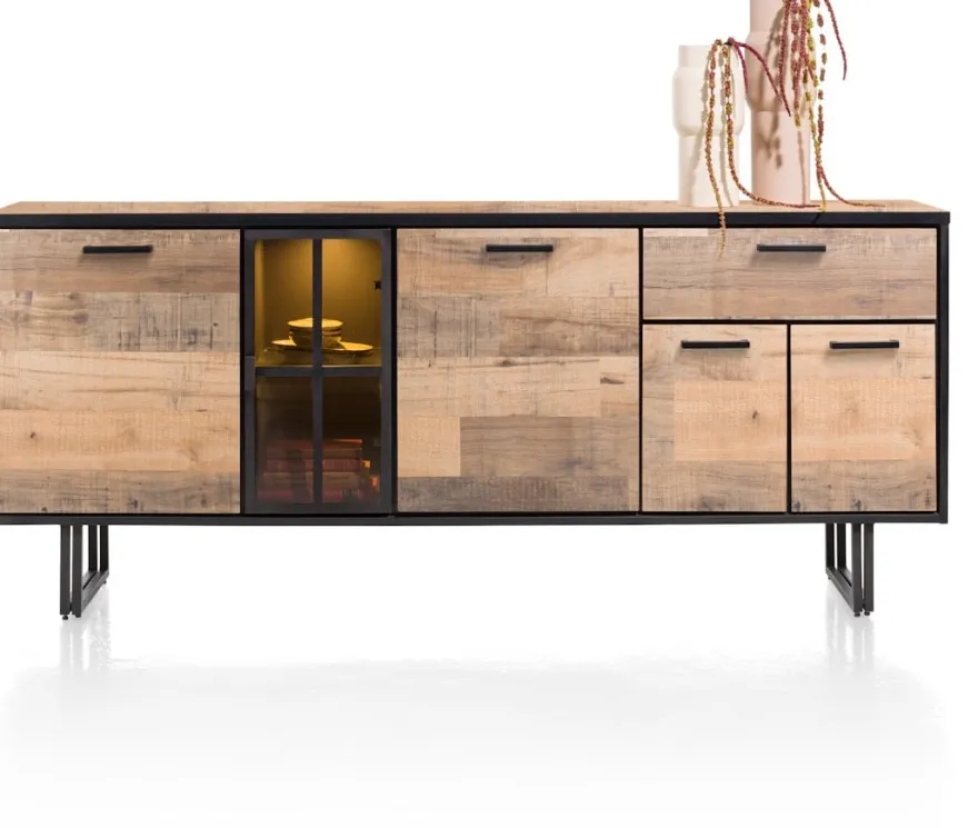Avalon, dressoir 200 cm - 4-deuren + 1-lade + 1-glasdeur (+ LED) - Driftwood