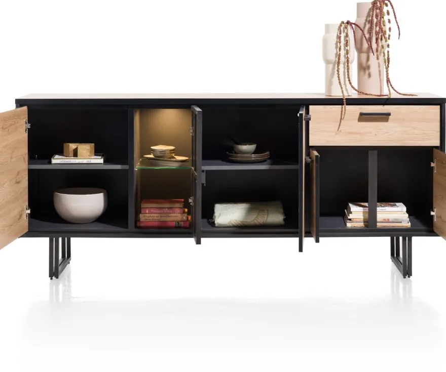 Avalon, dressoir 200 cm - 4-deuren + 1-lade + 1-glasdeur (+ LED) - Driftwood