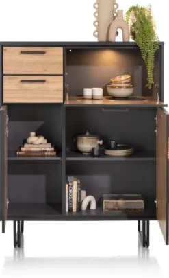 Avalon, highboard 120 cm - 2-deuren + 2-laden + 1-klep (+ LED) - natural