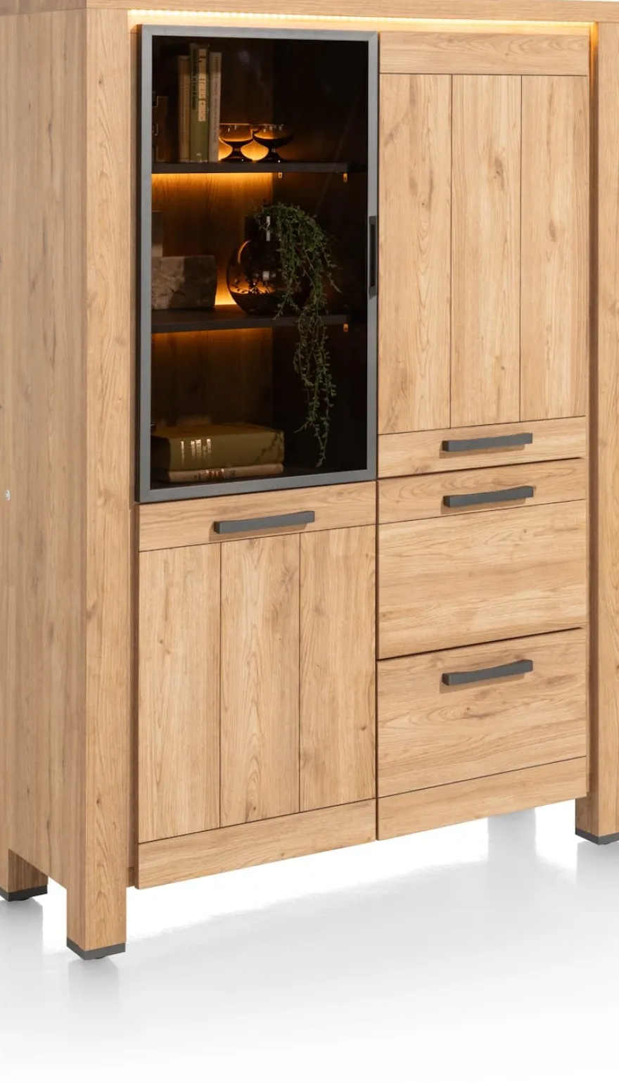 Delmonte, bergkast 120 cm - 1-glasdeur + 2-deuren + 2-laden (+ LED)
