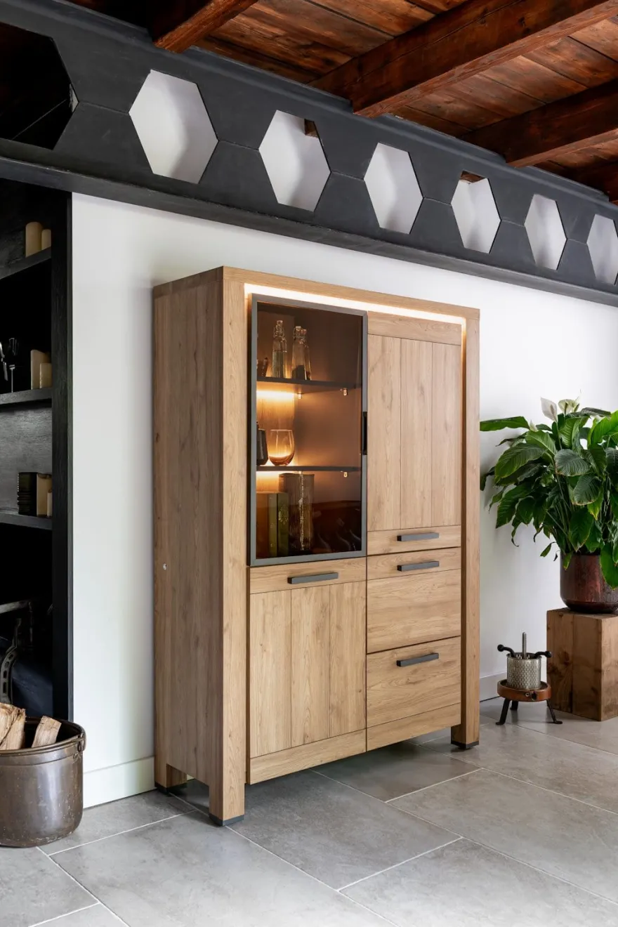 Delmonte, bergkast 120 cm - 1-glasdeur + 2-deuren + 2-laden (+ LED)