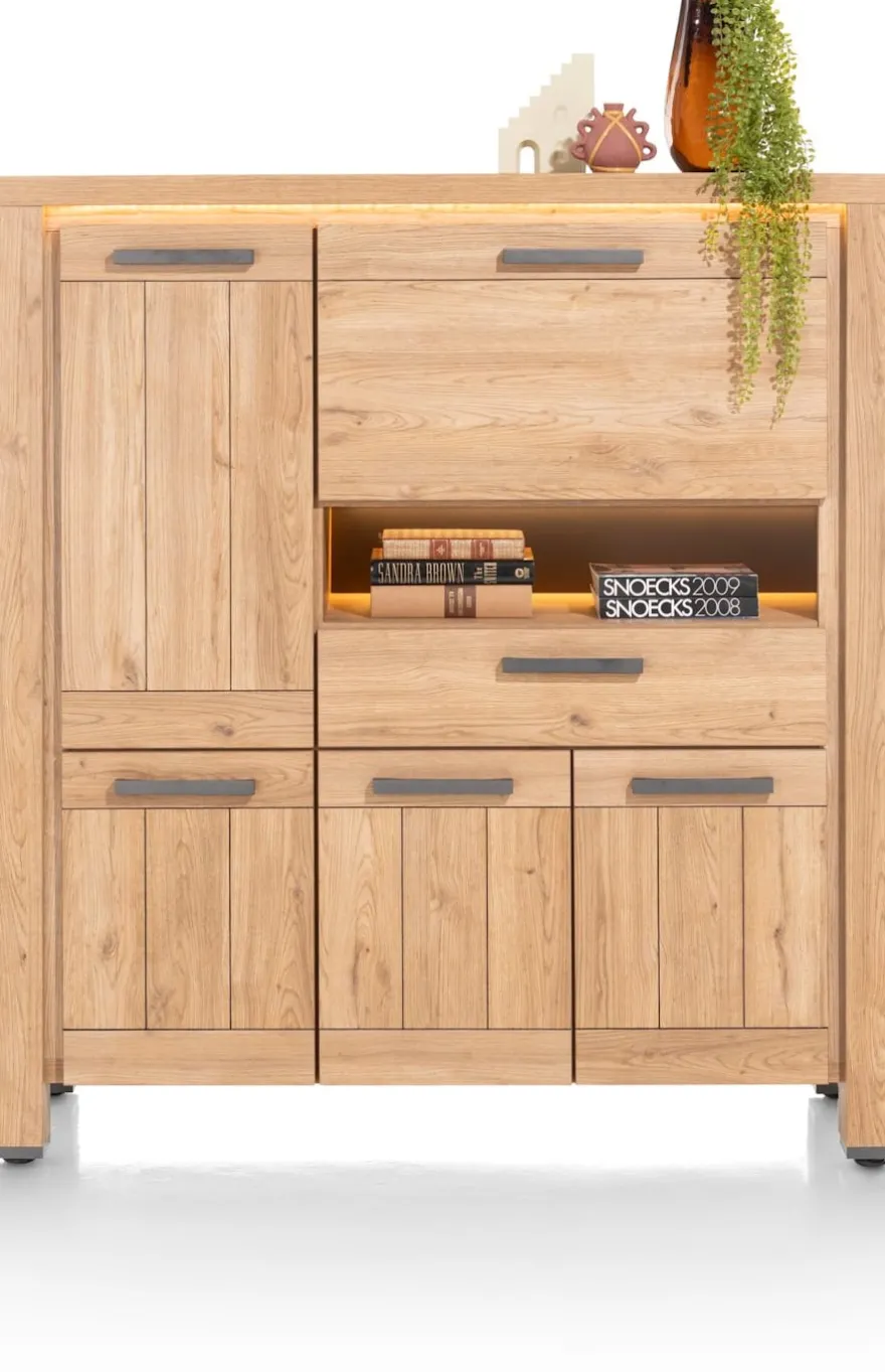Delmonte, highboard 130 cm - 4-deuren + 1-lade + 1-klep + 1-niche (LED + dimmer)