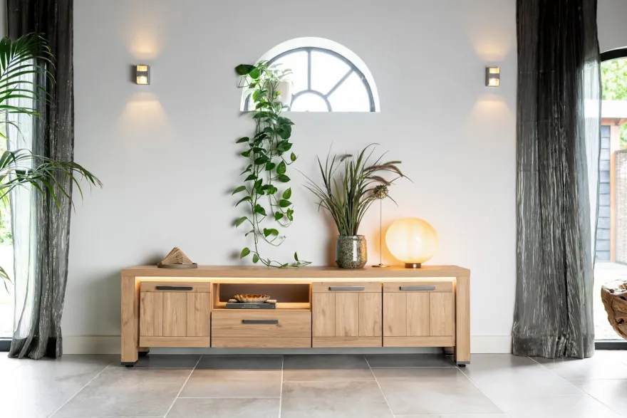 Delmonte, lowboard 200 cm - 3-deuren + 1-lade + 1-niche (LED + dimmer)