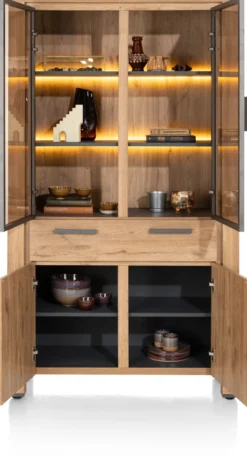 Delmonte, vitrine 110 cm - 2-glasdeuren + 2-deuren + 1-lade (+ LED)