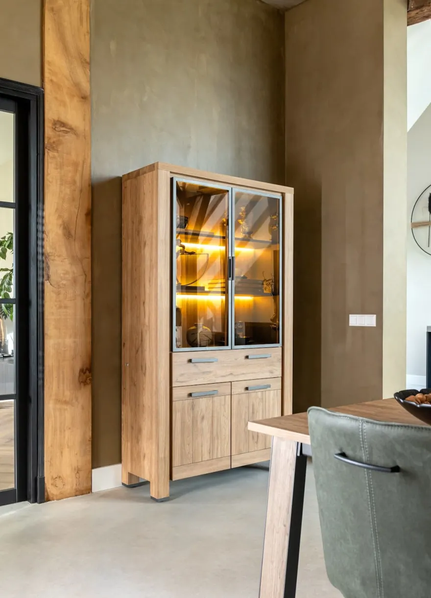 Delmonte, vitrine 110 cm - 2-glasdeuren + 2-deuren + 1-lade (+ LED)