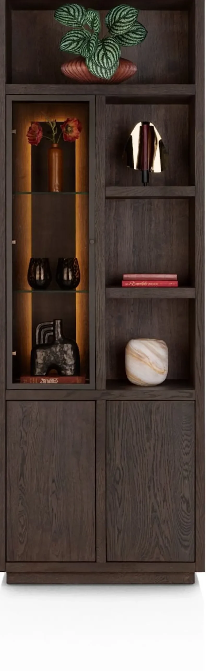 Gijon, bergkast smal 75 cm - 1-glasdeur + 2-deuren + 4-niches (+ LED)