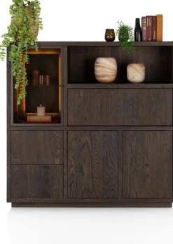 Gijon, highboard 145 cm - 1-glasdeur + 2-deuren + 2-laden + 1-klep + 1-niche (+ LED)