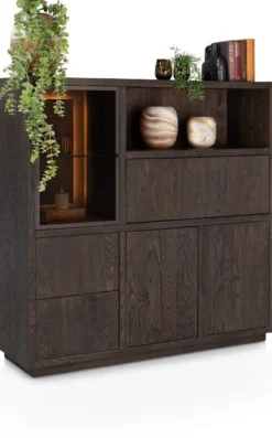 Gijon, highboard 145 cm - 1-glasdeur + 2-deuren + 2-laden + 1-klep + 1-niche (+ LED)