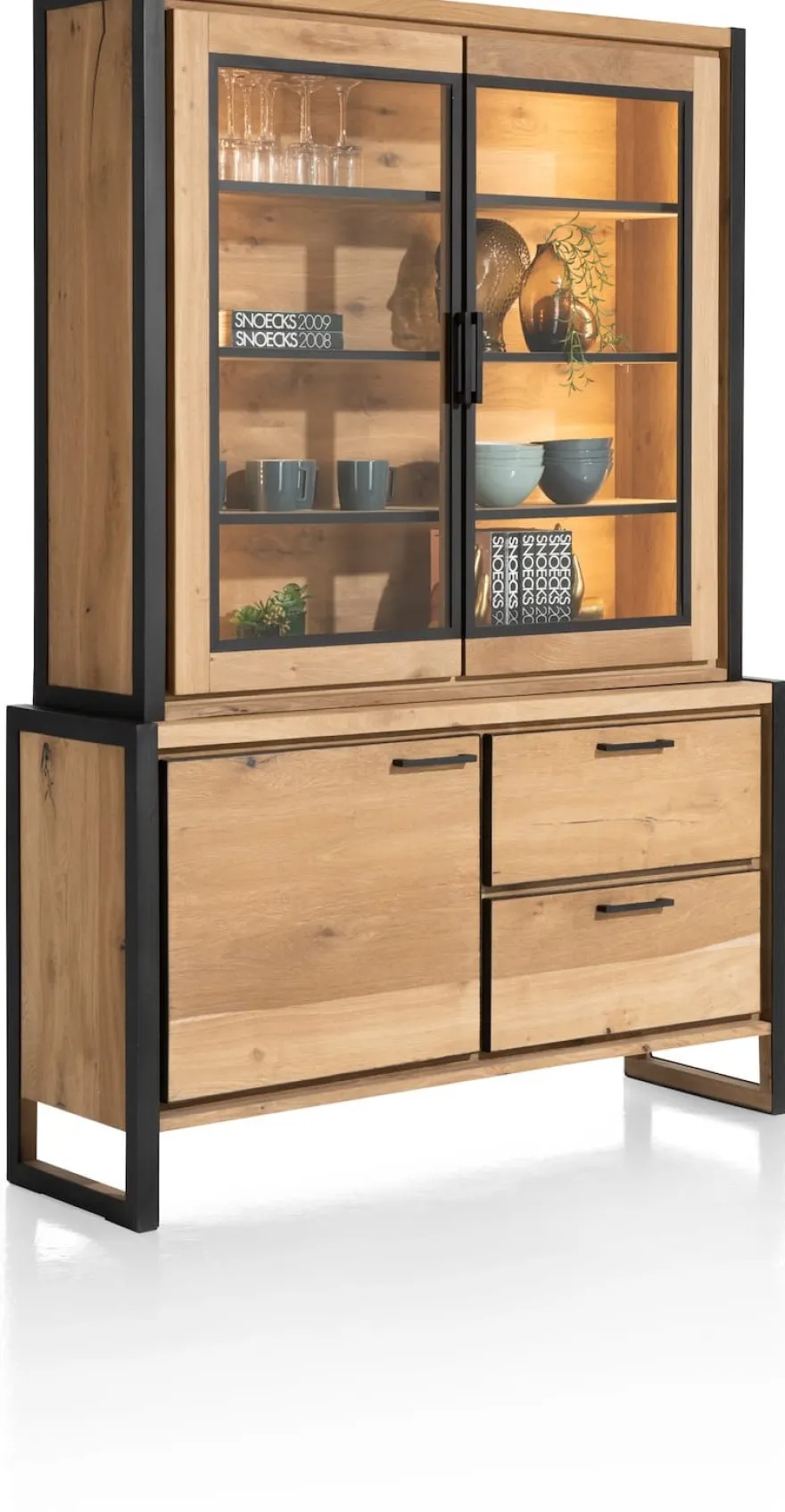 Metalo, buffetkast 140 cm - 2-glasdeuren (+ LED) + 1-deur + 2-laden