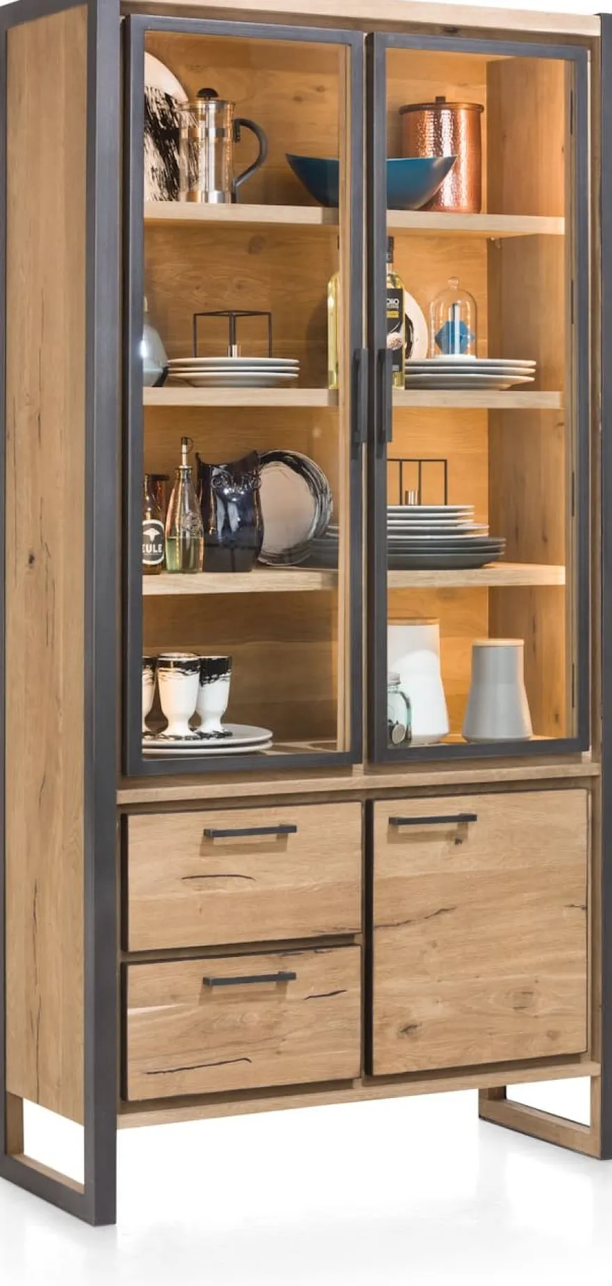 Metalo, vitrine 2-glasdeuren + 1-deur + 2-laden (+ LED)