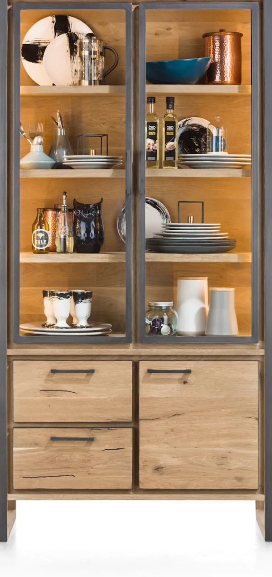 Metalo, vitrine 2-glasdeuren + 1-deur + 2-laden (+ LED)
