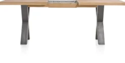 Metalox, uitschuiftafel 160 (+ 50) x 100 cm - met rand boomschors + X-vorm metalen poot