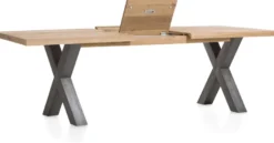 Metalox, uitschuiftafel 190 (+ 50) x 100 cm - met rand boomschors + X-vorm metalen poot