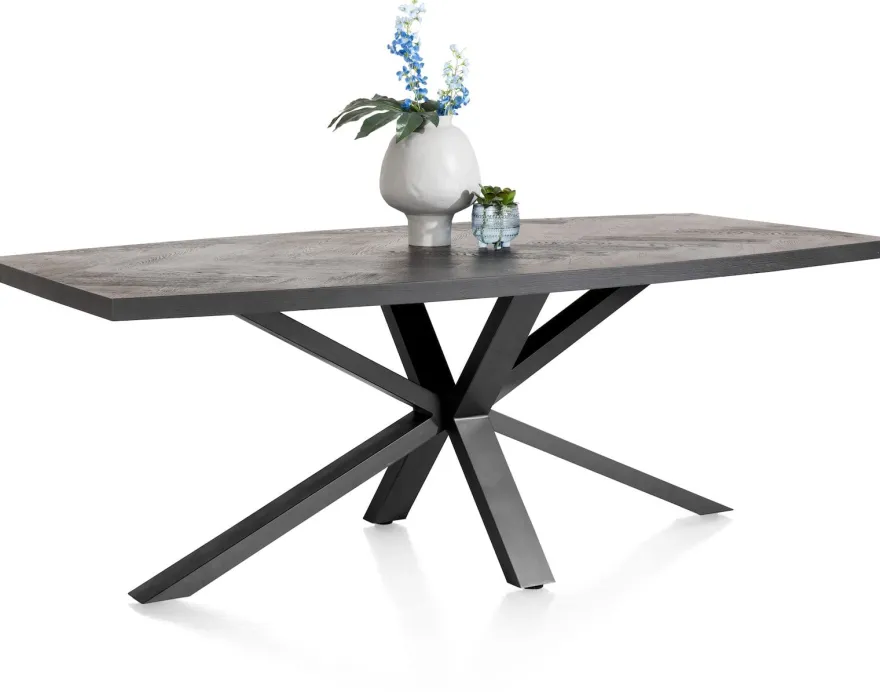 Metaluxe, eetkamertafel ovaal 240 x 110 cm met centrale kruispoot - fineer als fish bone - Antraciet