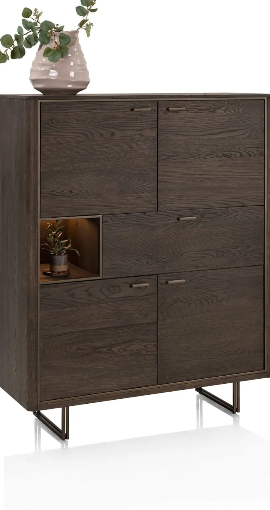 Mogan, Highboard, 115 cm breed, 4 deuren, 1 lade, 1 openvak incl. LED