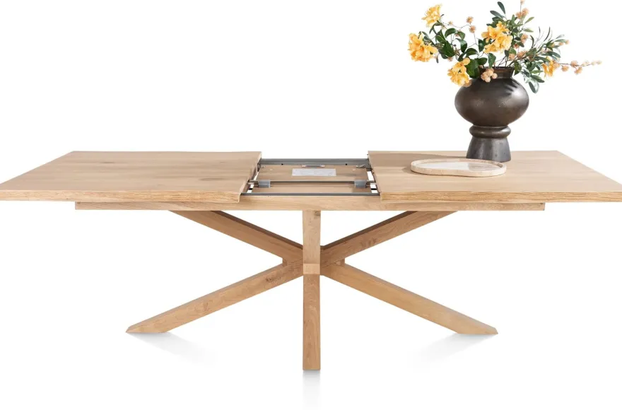 Nyborg, uitschuiftafel 190 (+ 50) x 100 cm - rand boomvorm - centrale poot hout
