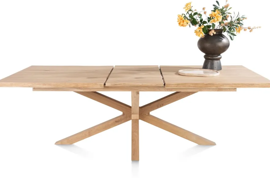 Nyborg, uitschuiftafel 190 (+ 50) x 100 cm - rand boomvorm - centrale poot hout