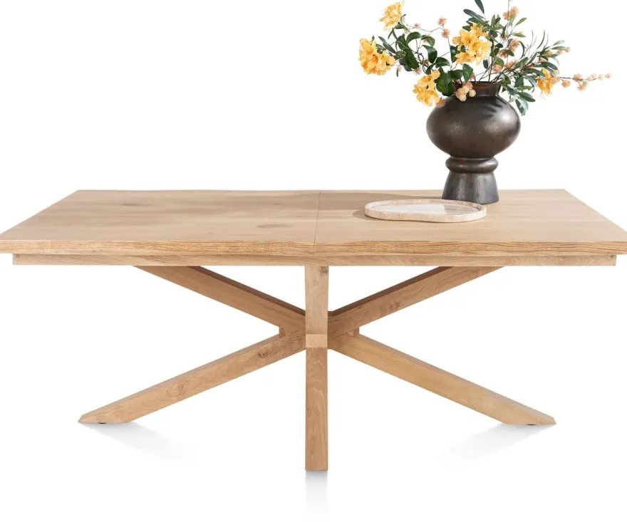 Nyborg, uitschuiftafel 190 (+ 50) x 100 cm - rand boomvorm - centrale poot hout