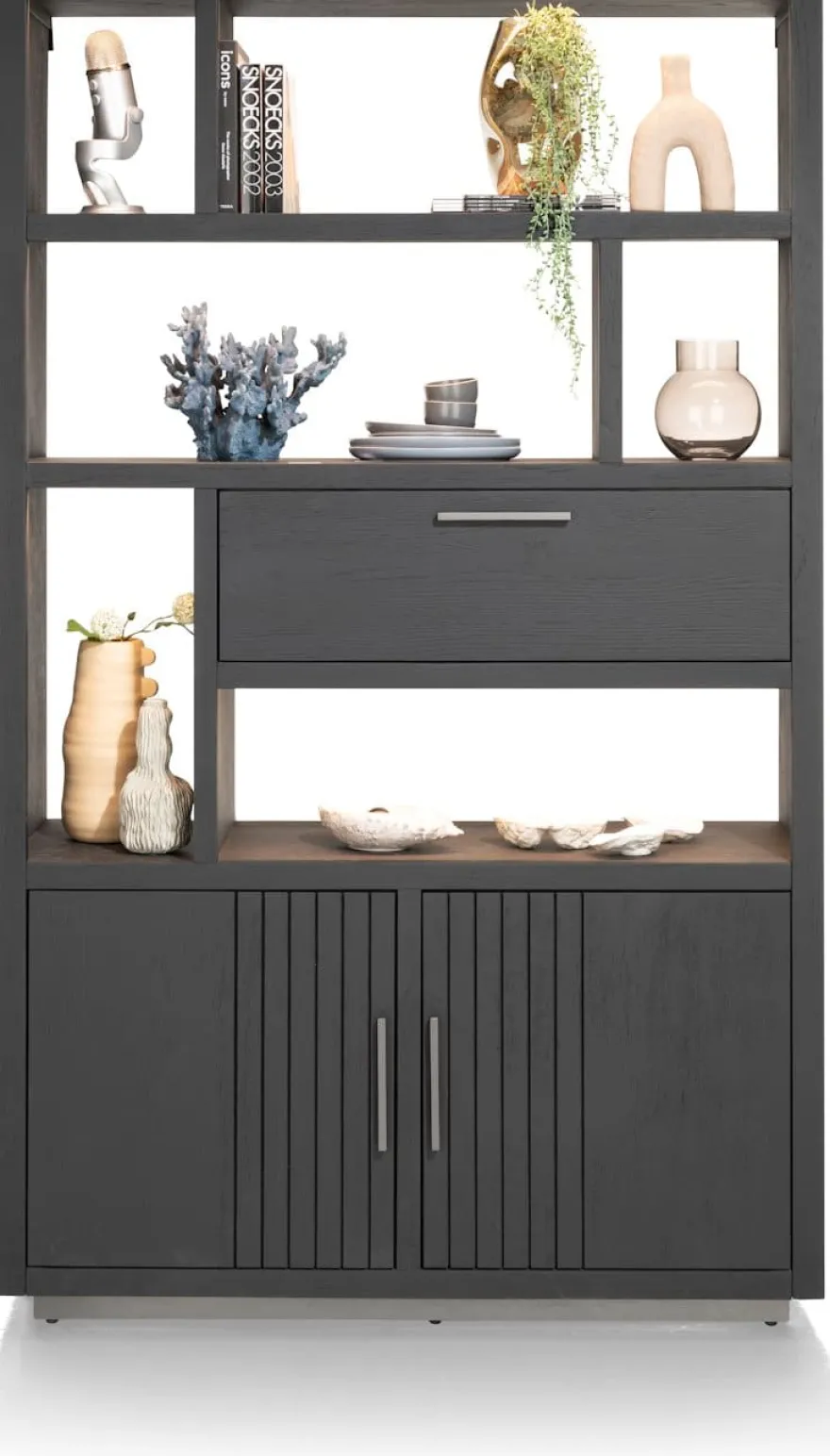 Pavie, bergkast open 125 cm - 2-deuren + 1-klep + 6-niches (+ LED) - natural