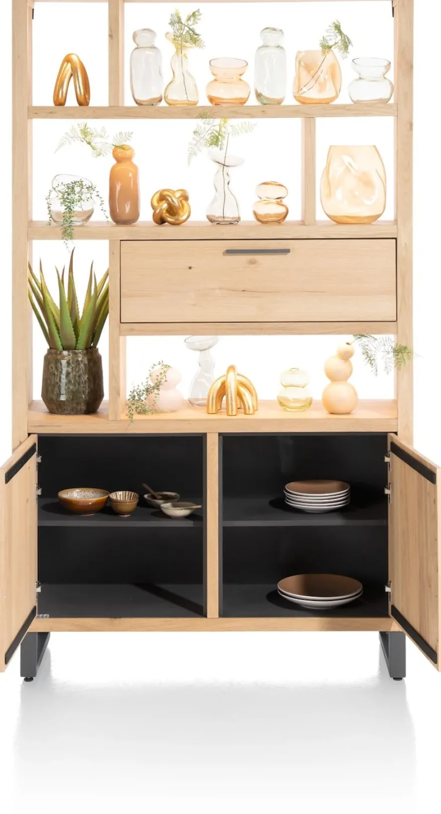 Pavie, bergkast open 125 cm - 2-deuren + 1-klep + 6-niches (+ LED) - natural