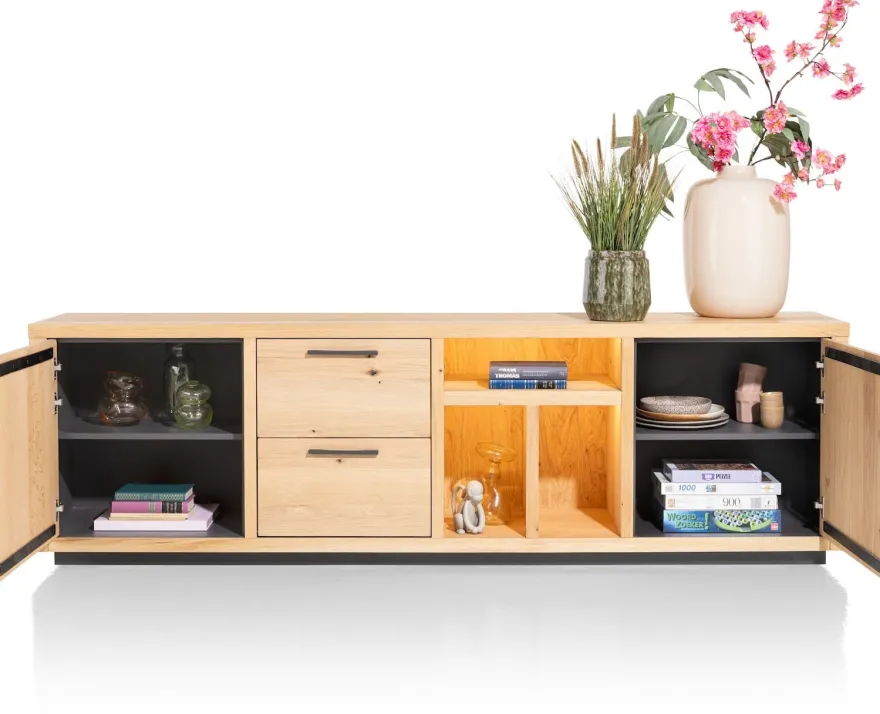 Pavie, dressoir 233 cm - 2-deuren + 2-laden + 3-niches (+ LED) - natural