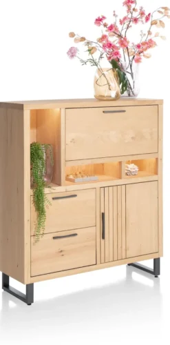Pavie, highboard 125 cm - 1-deur + 2-laden + 1-klep + 3-niches (+ LED) - natural