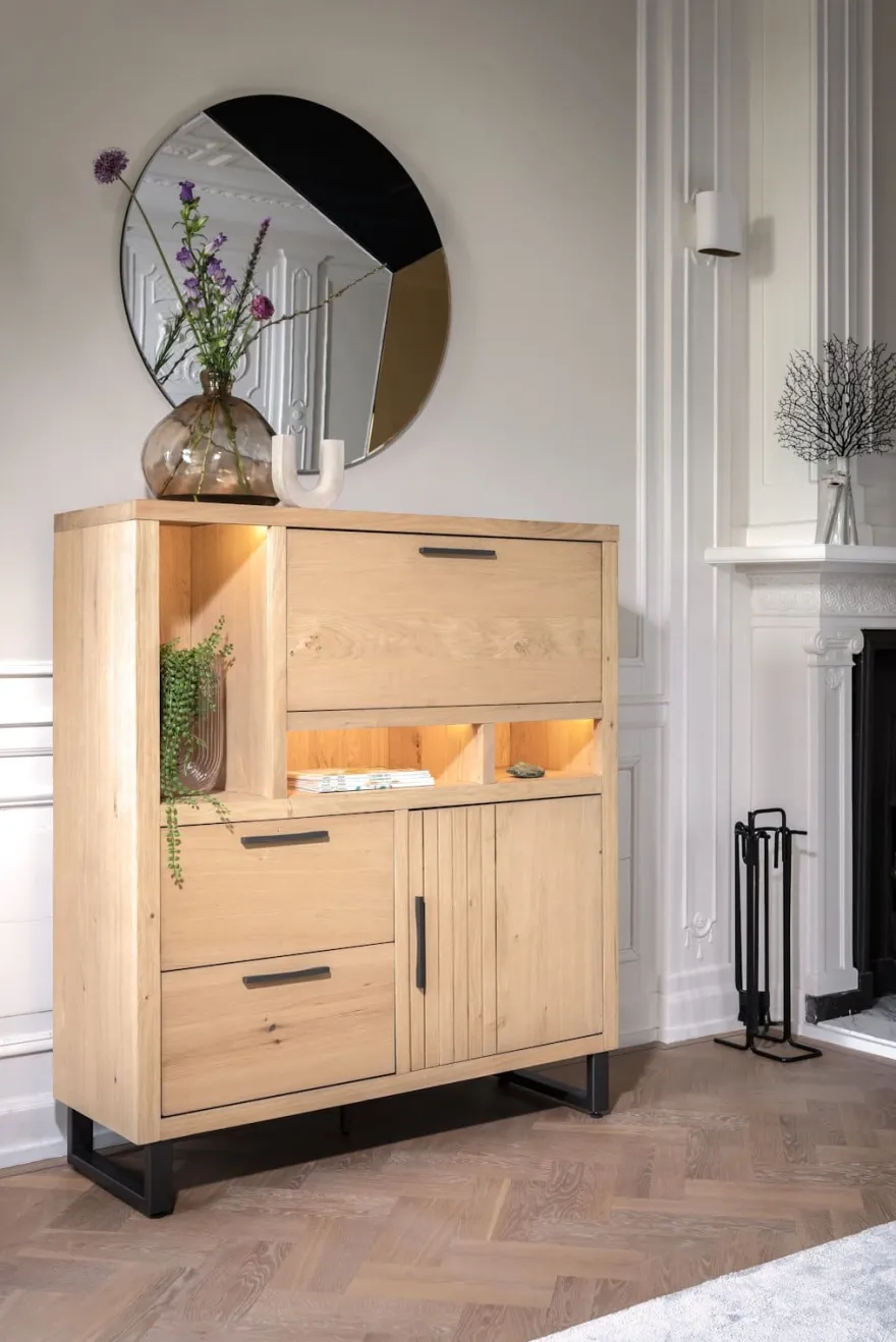 Pavie, highboard 125 cm - 1-deur + 2-laden + 1-klep + 3-niches (+ LED) - natural