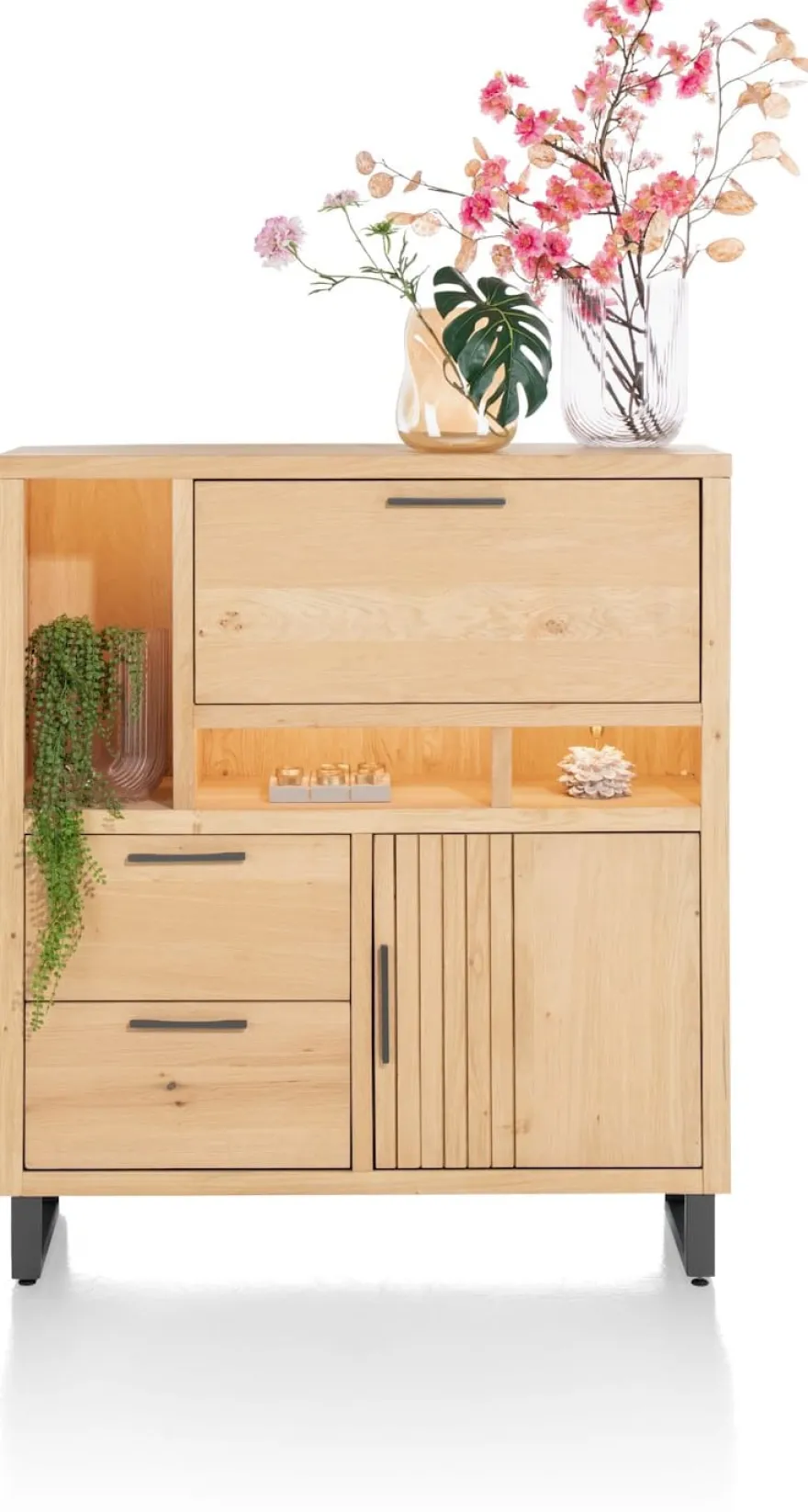 Pavie, highboard 125 cm - 1-deur + 2-laden + 1-klep + 3-niches (+ LED) - natural