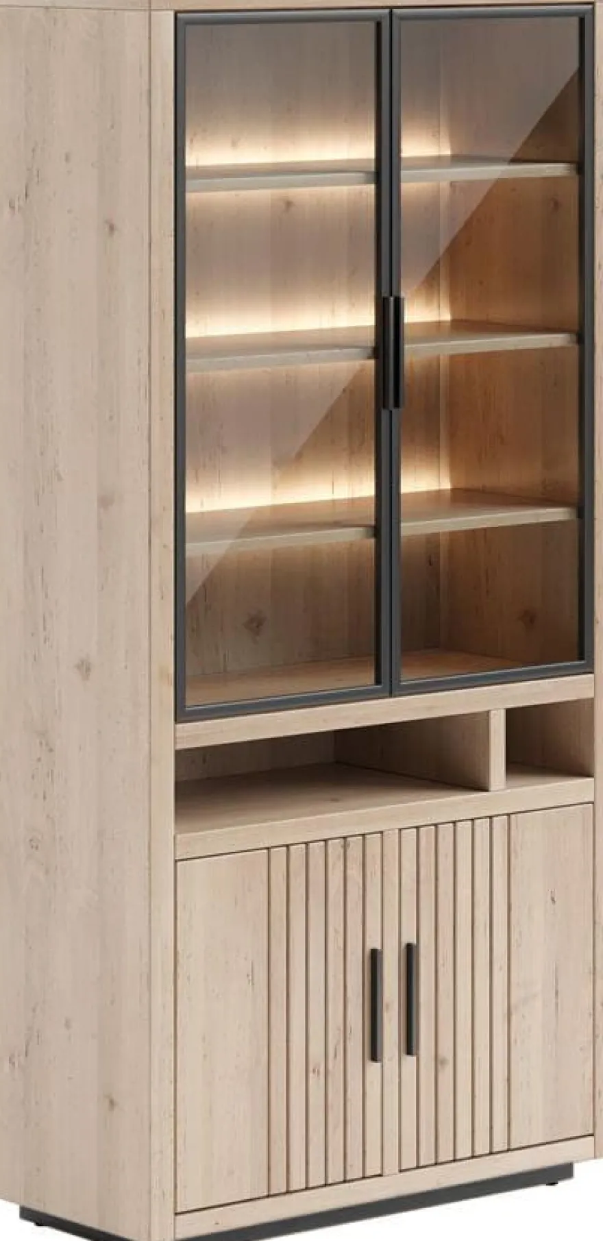 Pavie, vitrine 100 cm - 2-glasdeuren + 2-deuren + 2-niches (+ LED) - natural