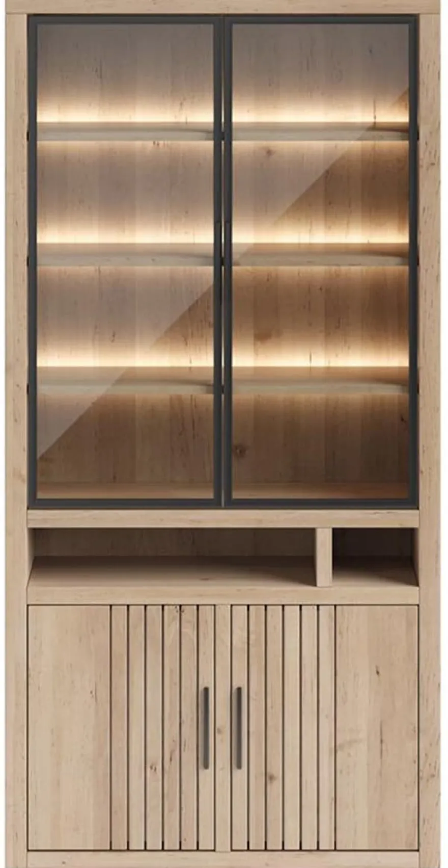 Pavie, vitrine 100 cm - 2-glasdeuren + 2-deuren + 2-niches (+ LED) - natural